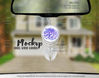 Dye sublimation angel wing rearview mirror hanger Mockup | Add your own image and background