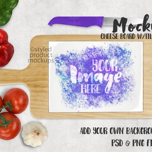 May include: A wooden cheese board with a white tile insert. The tile has a watercolor design with purple and blue hues and the text "YOUR IMAGE HERE". The board is surrounded by red tomatoes, green peppers, and a clove of garlic.