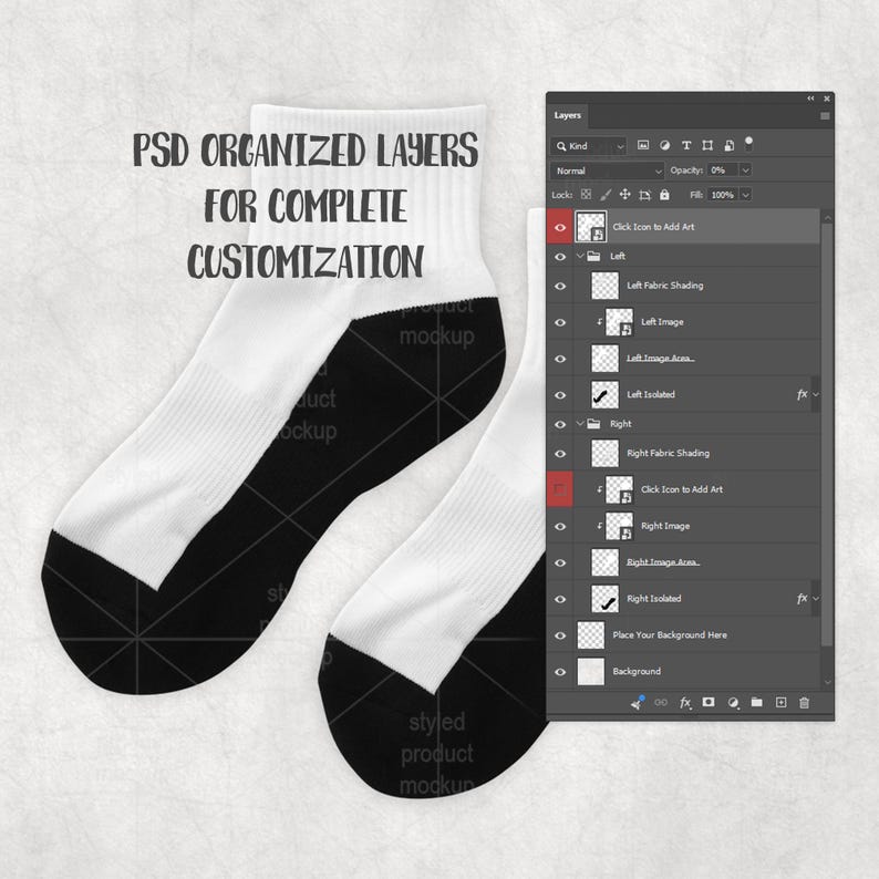 K&ouml;nnte beinhalten: Ein Paar wei&szlig;e Crew-Socken mit schwarzen Fersen und Zehen. Der Text "PSD ORGANIZED LAYERS FOR COMPLETE CUSTOMIZATION" ist sichtbar. Eine digitale Designoberfl&auml;che ist ebenfalls im Bild enthalten.