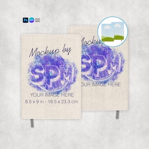 May include: Two beige notebooks with a textured cover are displayed. The notebooks have a purple and blue design with the text "Mockup by SPM" and "Your Image Here". The notebooks measure 6.5 x 9 inches (16.5 x 23.3 cm).