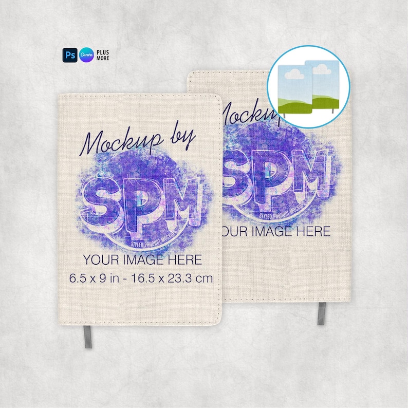 May include: Two beige notebooks with a textured cover are displayed. The notebooks have a purple and blue design with the text "Mockup by SPM" and "Your Image Here". The notebooks measure 6.5 x 9 inches (16.5 x 23.3 cm).