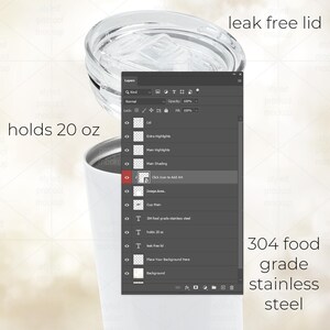 May include: A white stainless steel tumbler with a clear leak-free lid. The tumbler holds 20 oz. The image also shows the text "304 food grade stainless steel".