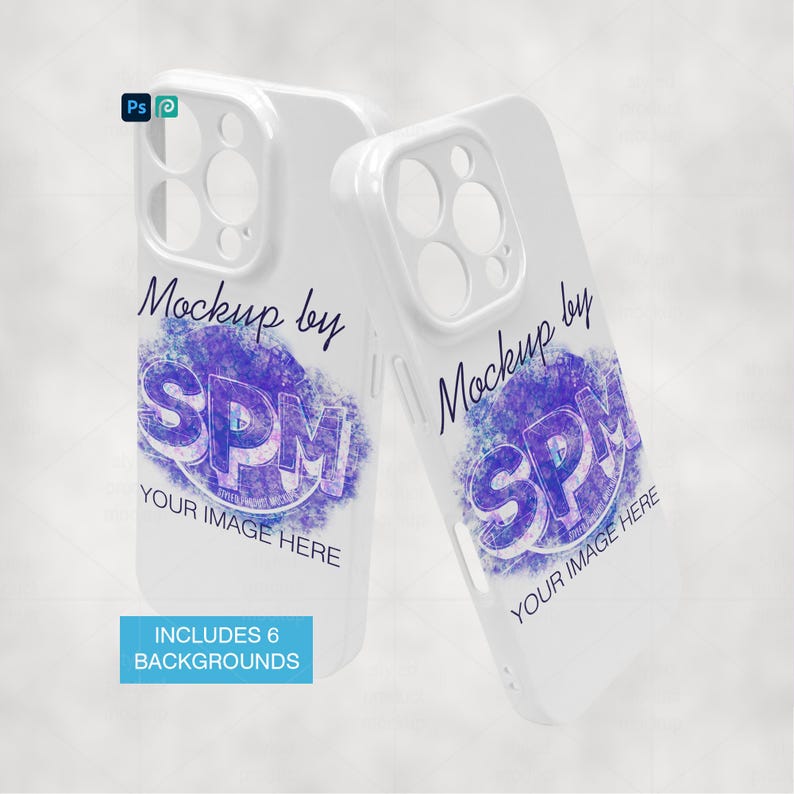 Puede incluir: Dos fundas blancas para tel&eacute;fono con acabado brillante. Cada funda presenta un dise&ntilde;o morado y azul con el texto "Mockup by SPM YOUR IMAGE HERE". Un rect&aacute;ngulo azul en la parte inferior dice "INCLUDES 6 BACKGROUNDS."