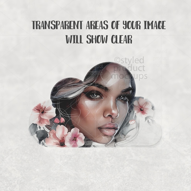 May include: A digital illustration of a woman's face with dark hair and a floral design. The image includes the text "TRANSPARENT AREAS OF YOUR IMAGE WILL SHOW CLEAR". The woman's face is surrounded by a cloud-like shape with pink flowers.