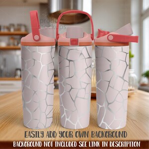 May include: Three insulated water bottles with a light pink background and a silver cracked pattern. The lids and handles are coral. The bottles are on a wooden table. The text at the bottom says, "EASILY ADD YOUR OWN BACKGROUND BACKGROUND NOT INCLUDED SEE LINK IN DESCRIPTION."
