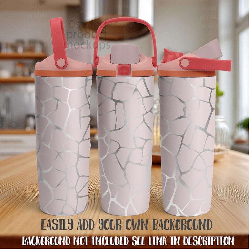 May include: Three insulated water bottles with a light pink background and a silver cracked pattern. The lids and handles are coral. The bottles are on a wooden table. The text at the bottom says, "EASILY ADD YOUR OWN BACKGROUND BACKGROUND NOT INCLUDED SEE LINK IN DESCRIPTION."