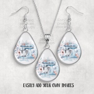 May include: A silver-toned jewelry set featuring a pendant necklace and matching teardrop earrings. Each piece showcases a light blue stand mixer design with floral accents. The text "EASILY ADD YOUR OWN IMAGES" is at the bottom.