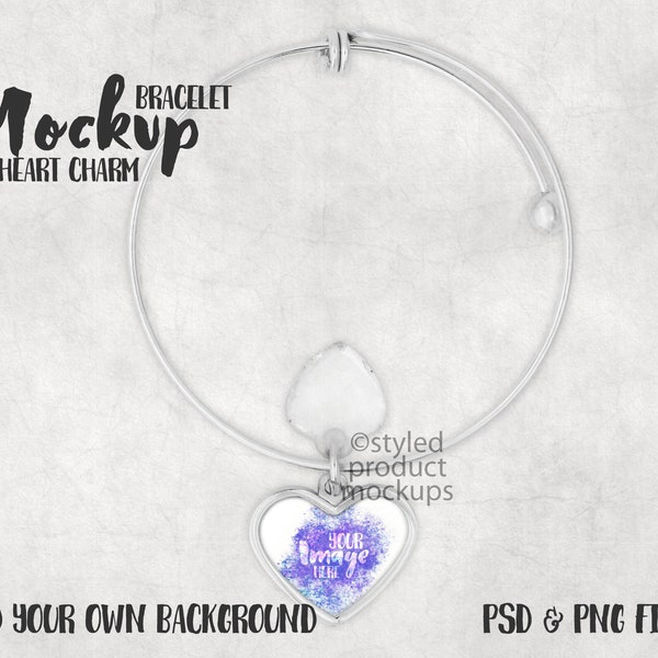 Dye sublimation heart bangle bracelet with crystal charm Mockup | Add your own image and background