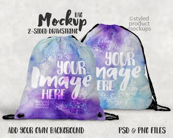 May include: Two-sided drawstring bag mockup with a watercolor design featuring purple, blue, and white floral patterns. The text "Your Image Here" is displayed on both sides of the bag.