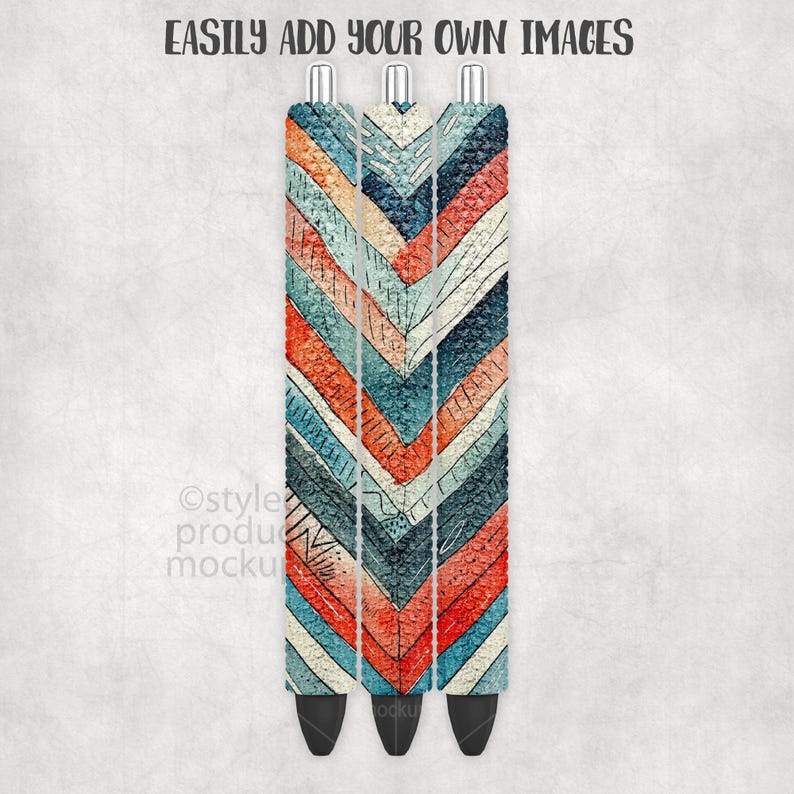 May include: Three pens with chevron patterns in orange, teal, and white. The pens have silver tops and black tips. The text "EASILY ADD YOUR OWN IMAGES" is at the top.