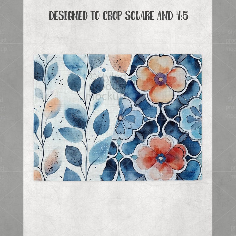 Puede incluir: Patr&oacute;n floral de acuarela con hojas azules y flores naranjas. El dise&ntilde;o se divide en dos secciones, una con hojas y otra con flores. El texto "DESIGNED TO CROP SQUARE AND 4:5" est&aacute; en la parte superior.