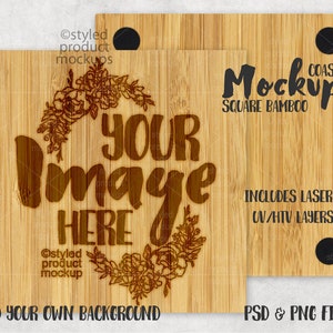 Square bamboo wood coaster mockup | Add your own image and background