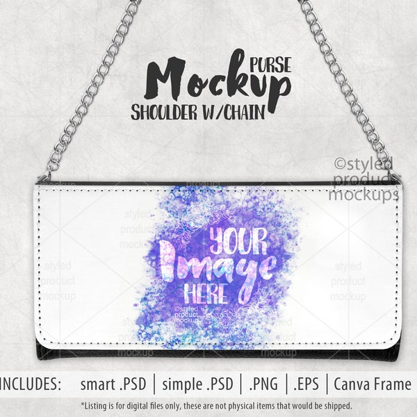 Dye sublimation PU leather shoulder purse with chain Mockup | Add your own image and background | Canva Frame Mockup