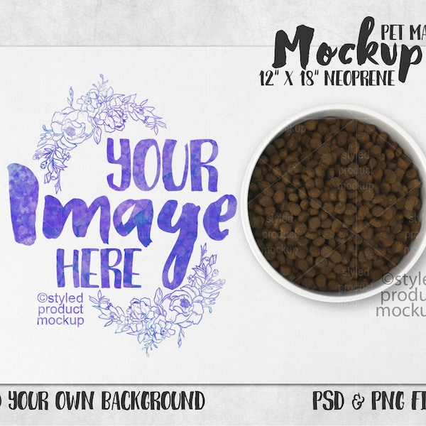 Dye sublimation 12” x 18” neoprene pet bowl mat mockup | Add your own image and background