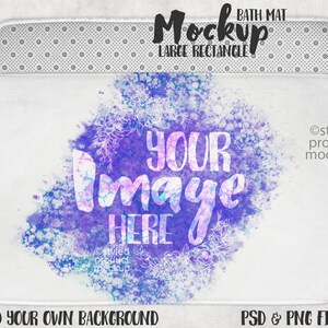 May include: A white bath mat mockup with a purple and blue watercolor design that says "Your Image Here". The mat is a large rectangle and has a textured backing.
