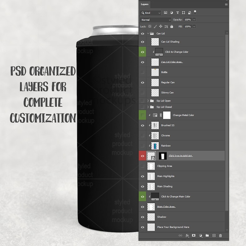 May include: A black can mockup with a silver lid, showcasing a design template. The text "PSD ORGANIZED LAYERS FOR COMPLETE CUSTOMIZATION" is visible. The image also displays a layered Photoshop file.