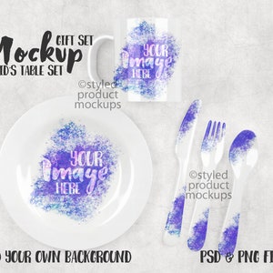 May include: A white mug, plate, fork, knife, and spoon with a purple and blue watercolor design. The text "YOUR IMAGE HERE" is on the mug and plate. The text "Ostyled product mockups" is on the image. The text "ADD YOUR OWN BACKGROUND" is at the bottom of the image. The text "PSD & PNG FILES" is at the bottom right of the image.