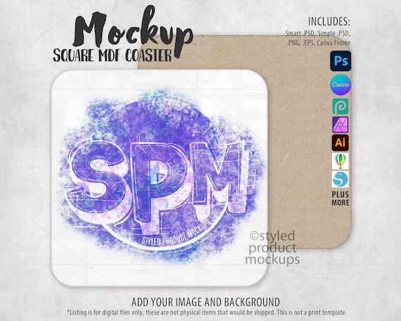 Square MDF Coaster Mockup: Dye Sublimation (PSD, Canva, PNG)