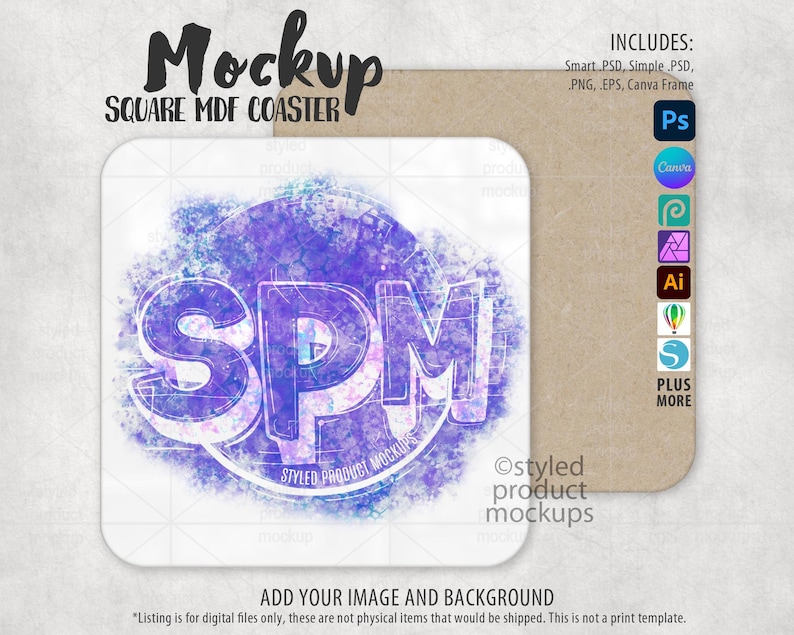 May include: A mockup of a square MDF coaster featuring a watercolour design with the letters "SPM" in a circle. The design is in shades of purple, blue, and white. The text "Styled Product Mockups" is also included in the design.