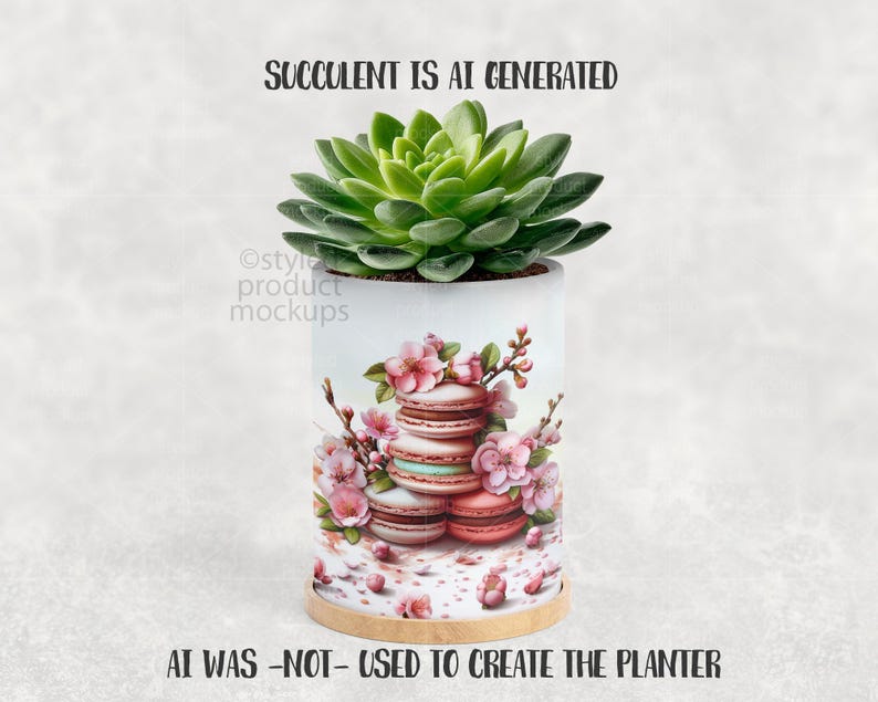 May include: A cylindrical planter with a succulent plant. The planter is white with a design of macarons and pink flowers. The base is a light wood color. Text on the image reads "SUCCULENT IS AI GENERATED" and "AI WAS -NOT- USED TO CREATE THE PLANTER."