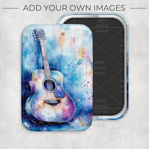 May include: A rectangular magnet featuring a watercolor painting of an acoustic guitar. The guitar is painted in shades of blue, purple, and yellow against a blue and white background. The text "ADD YOUR OWN IMAGES" is at the top.