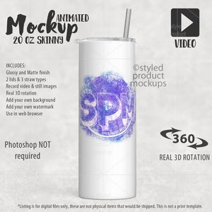 20oz skinny animated tumbler video Mockup | Rotating tumbler video mockup | Add your own image and background | Real 3D video mockup