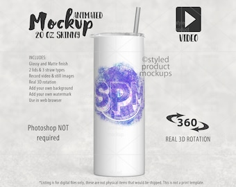 20oz skinny animated tumbler video Mockup | Rotating tumbler video mockup | Add your own image and background | Real 3D video mockup