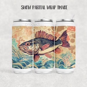 May include: White insulated tumbler featuring a detailed illustration of a fish with blue, orange, and brown hues. The design includes the text "SHOW PARTIAL WRAP IMAGE" and "Styled product mockups". The tumbler has a silver lid and a straw.