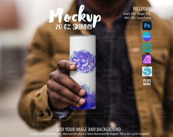 20oz Skinny Tumbler Mockup: Man Holding, Sublimation (PSD, Canva, PNG)