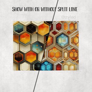 Puede incluir: Patr&oacute;n geom&eacute;trico abstracto con dise&ntilde;o de panal de abejas en tonos naranja, azul y marr&oacute;n. La imagen est&aacute; dividida diagonalmente, mostrando el dise&ntilde;o con y sin l&iacute;nea divisoria. El texto "SHOW WITH OR WITHOUT SPLIT LINE" est&aacute; en la parte superior.