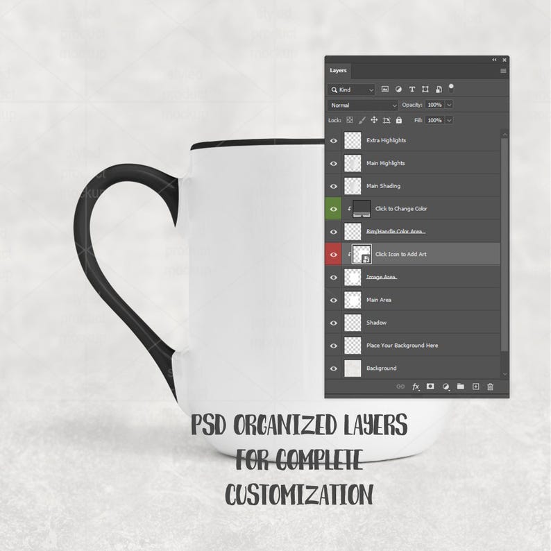 May include: A white ceramic mug with a black handle and rim. The image includes a digital interface showing organized layers for customization. Text on the mug reads "PSD ORGANIZED LAYERS FOR COMPLETE CUSTOMIZATION."