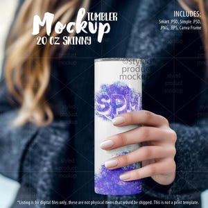 20oz Skinny Tumbler Mockup: Woman Model Holding Photoshop PSD, Canva, PNG (Digital File)