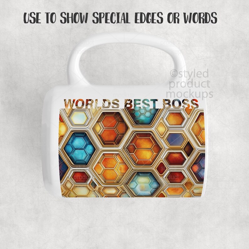 May include: White ceramic mug with a handle, featuring the text "WORLDS BEST BOSS" in a colorful, textured font. The mug's design includes a honeycomb pattern with shades of blue, orange, and gold.