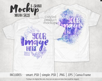 Dye sublimation youth crew neck t-shirt mockup | Add your own image and background | Canva frame mockup