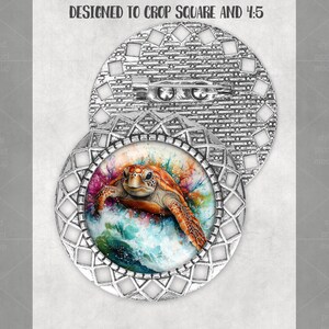 May include: A silver-toned brooch with a sea turtle design. The brooch features a detailed, openwork frame surrounding a colorful image of a turtle in the ocean. The text "DESIGNED TO CROP SQUARE AND 4:5" is at the top.