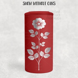 May include: A red cylindrical container with a silver floral design. The design features a large flower at the top and a stem with leaves. The text "SHOW WITHOUT CANS" is at the top. The container is likely for storage.