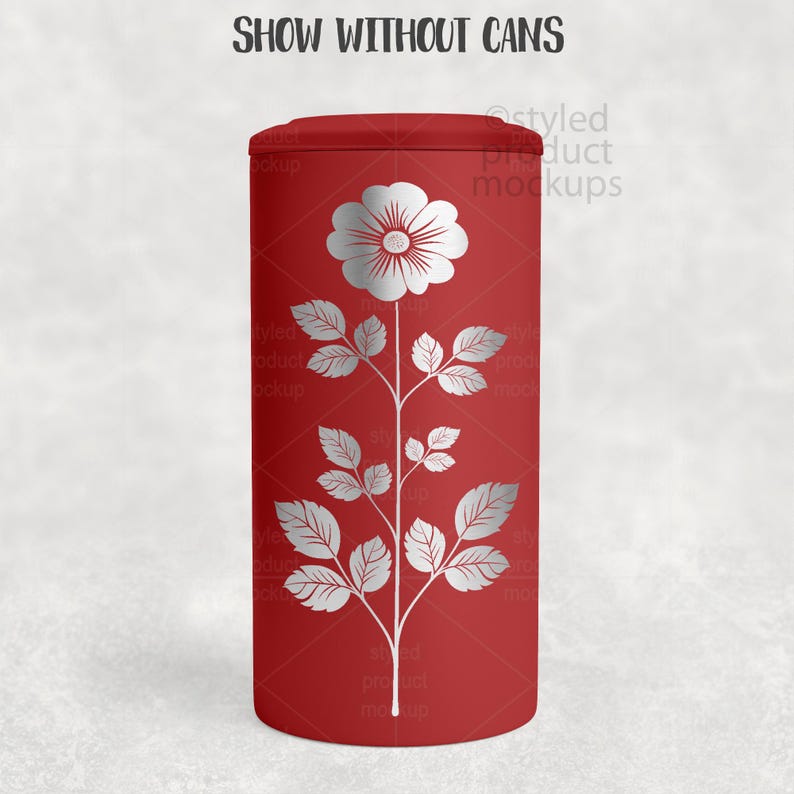 May include: A red cylindrical container with a silver floral design. The design features a large flower at the top and a stem with leaves. The text "SHOW WITHOUT CANS" is at the top. The container is likely for storage.