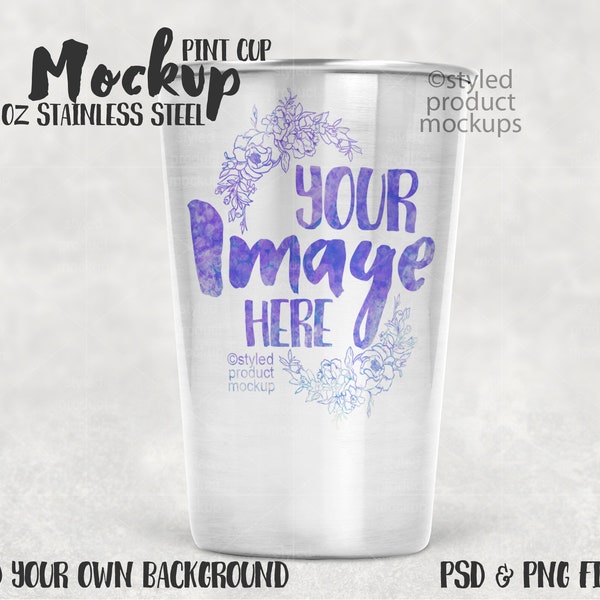 Dye Sublimation 17 oz stainless steel beer pint tumbler mockup | Add your own image and background