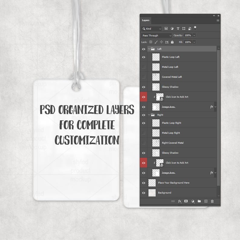 Może przedstawiać: Biała prostokątna etykieta z czarnym napisem "PSD ORGANIZED LAYERS FOR COMPLETE CUSTOMIZATION". Po prawej stronie widoczny jest ekran komputera z panelem warstw z r&oacute;żnymi opcjami warstw.