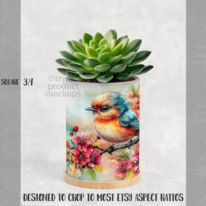 May include: A cylindrical planter pot with a watercolor design of a bird perched on a branch with red flowers. The pot holds a green succulent plant. The text "DESIGNED TO CROP TO MOST ETSY ASPECT RATIOS" is at the bottom.
