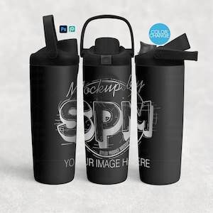 May include: Three black water bottles with flip-top lids and carrying handles are displayed. The bottles have a matte finish and feature the text "Mockup by SPM" in a stylized font. The design includes a color change option.