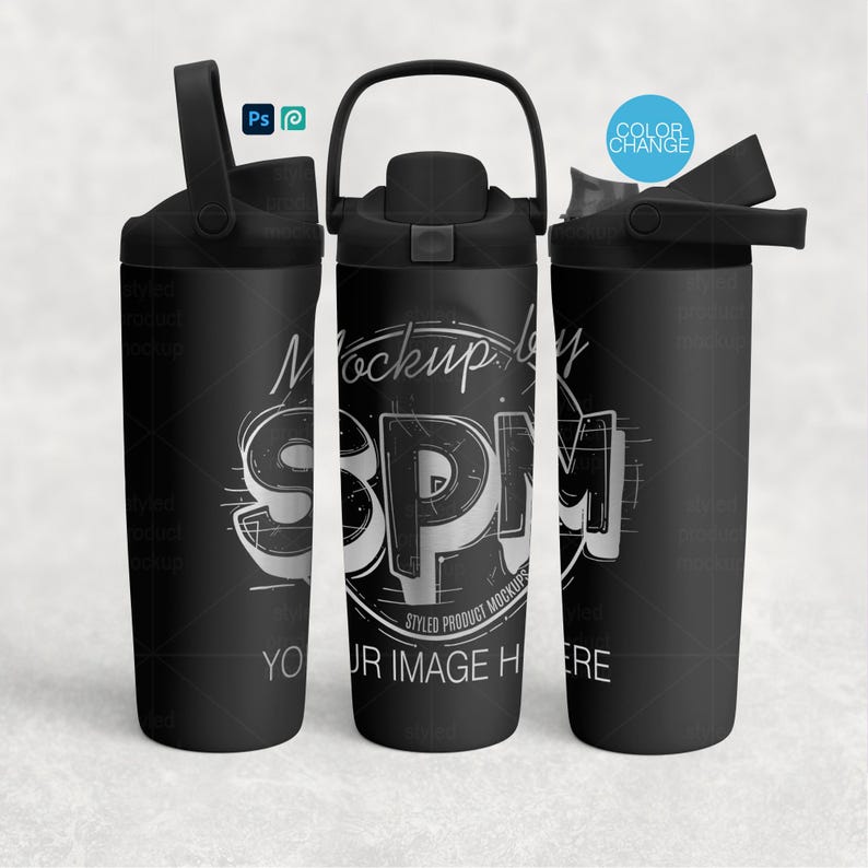 May include: Three black water bottles with flip-top lids and carrying handles are displayed. The bottles have a matte finish and feature the text "Mockup by SPM" in a stylized font. The design includes a color change option.