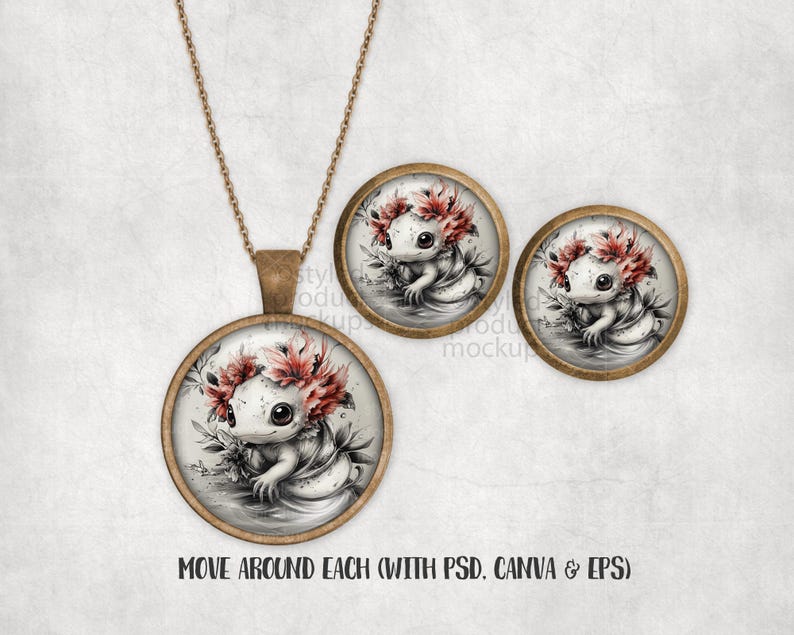 Może przedstawiać: Zestaw naszyjnika z wisiorkiem i pasujących kolczyk&oacute;w. Wisiorek i kolczyki przedstawiają akwarelową ilustrację aksolotla w koronie z kwiat&oacute;w. Aksolotl jest biały z czarnymi oczami i czerwoną koroną z kwiat&oacute;w. Biżuteria ma ramkę w kolorze brązu.