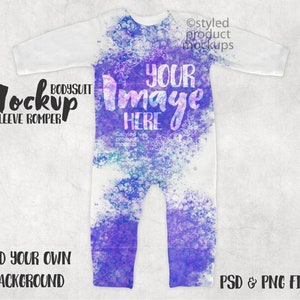 May include: White long-sleeve baby onesie with a purple and blue watercolor design. The onesie has the text "YOUR Image HERE" printed on the front.