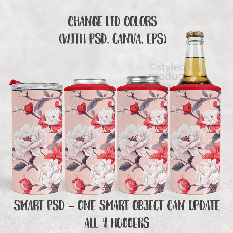 May include: Four drink huggers with a floral design. The huggers feature a light pink background with white and red flowers and branches. The text "CHANGE LID COLORS" and "SMART PSD - ONE SMART OBJECT CAN UPDATE ALL 4 HUGGERS" is visible.
