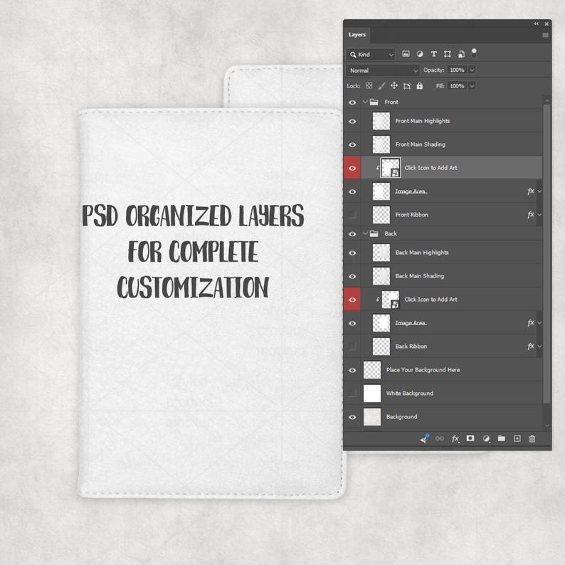以下が含まれることがあります： 「PSD ORGANIZED LAYERS FOR COMPLETE CUSTOMIZATION」の黒い文字が入った白いノート。 ノートは開いており、デザインプログラムインターフェースのレイヤー構造が表示されています。