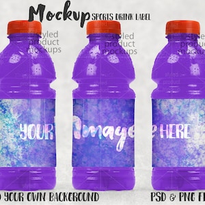May include: Mockup of three purple sports drink bottles with labels that say "Your Image Here". The labels have a watercolor background with blue and purple hues.