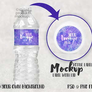 Water bottle label with lid decal mockup template | Add your own image and background