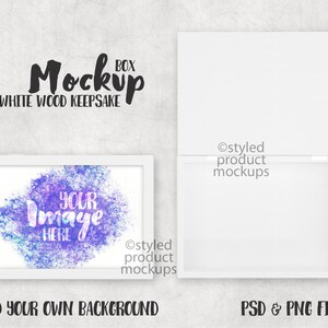 May include: A white wood keepsake box mockup with a framed image featuring a purple and blue watercolour design. The text "Mockup Box White Wood Keepsake" is displayed above the box. The framed image has the text "YOUR IMAGE HERE". The image also includes the text "ADD YOUR OWN BACKGROUND" and "PSD & PNG FILES".