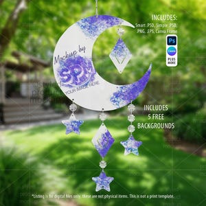 May include: A white crescent moon-shaped ornament with purple accents and dangling star and diamond-shaped charms. The text "Mockup by SPM" and "YOUR IMAGE HERE" are visible on the moon. Includes 5 free backgrounds.